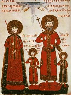 Medieval miniature of Bulgarian Czarina Sara and Czar Alexander with two children